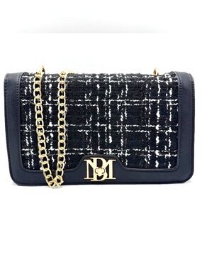 NWT Badgley Mischka Black & White Tweed Big Crossbody Bag w Vegan Leather Frame